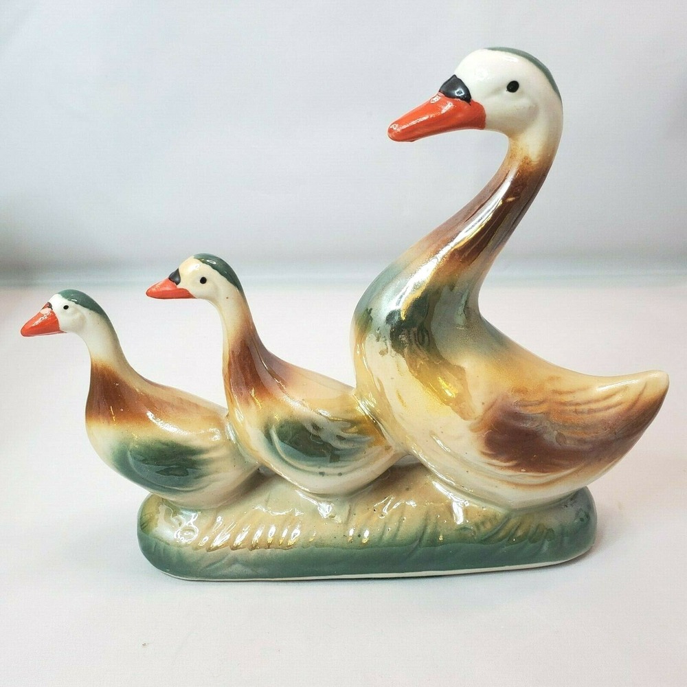 Vintage Brazil Lusterware Trio Family of Geese Mom and Goslings Glazed Figurine